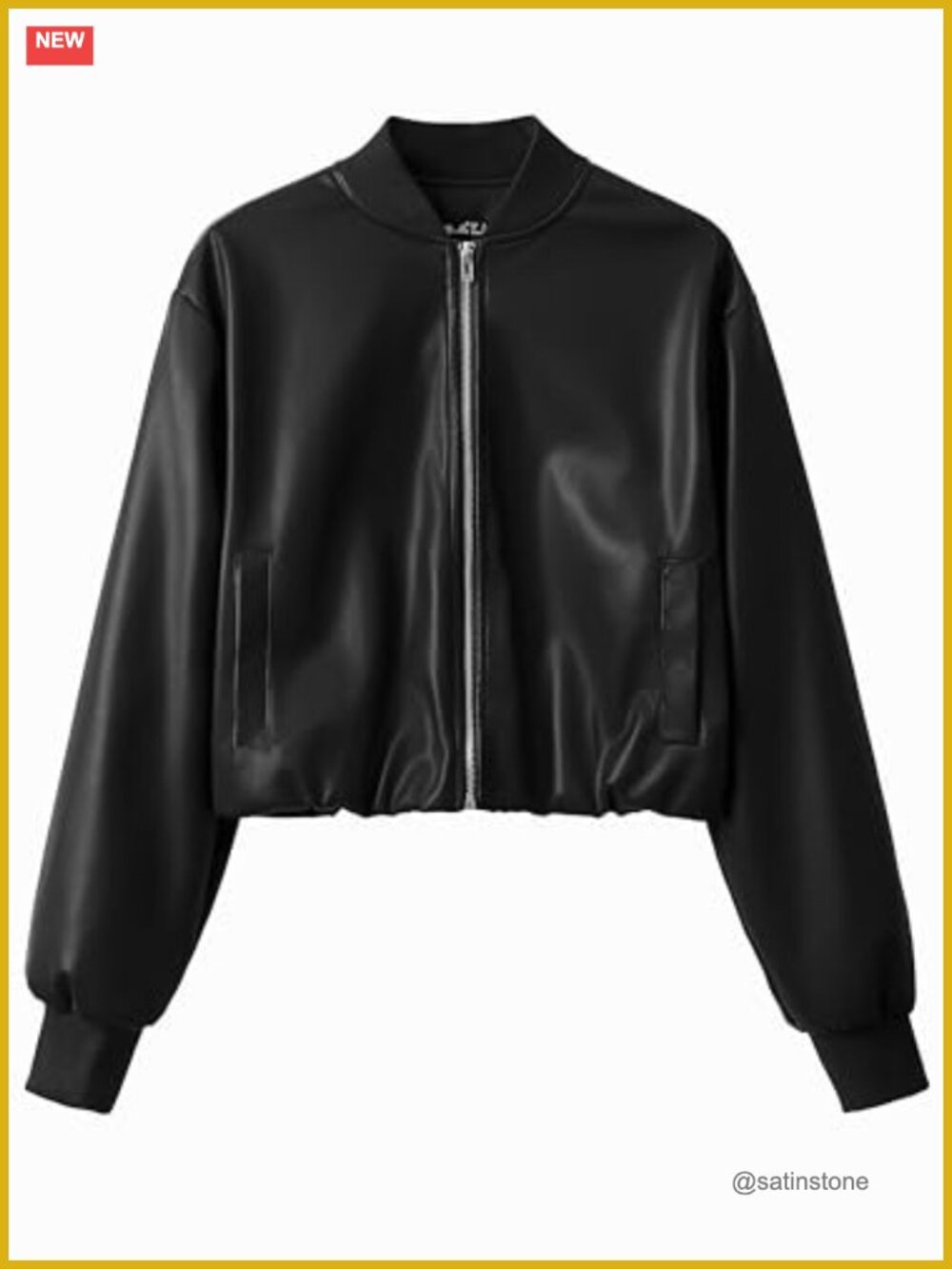 Cropped Faux Leather Zip Up Baseball Jacket with Ribbed Cuffs
